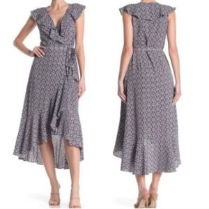 Max Studio Blue/Red/White Geometric Print Ruffle Wrap Midi Dress